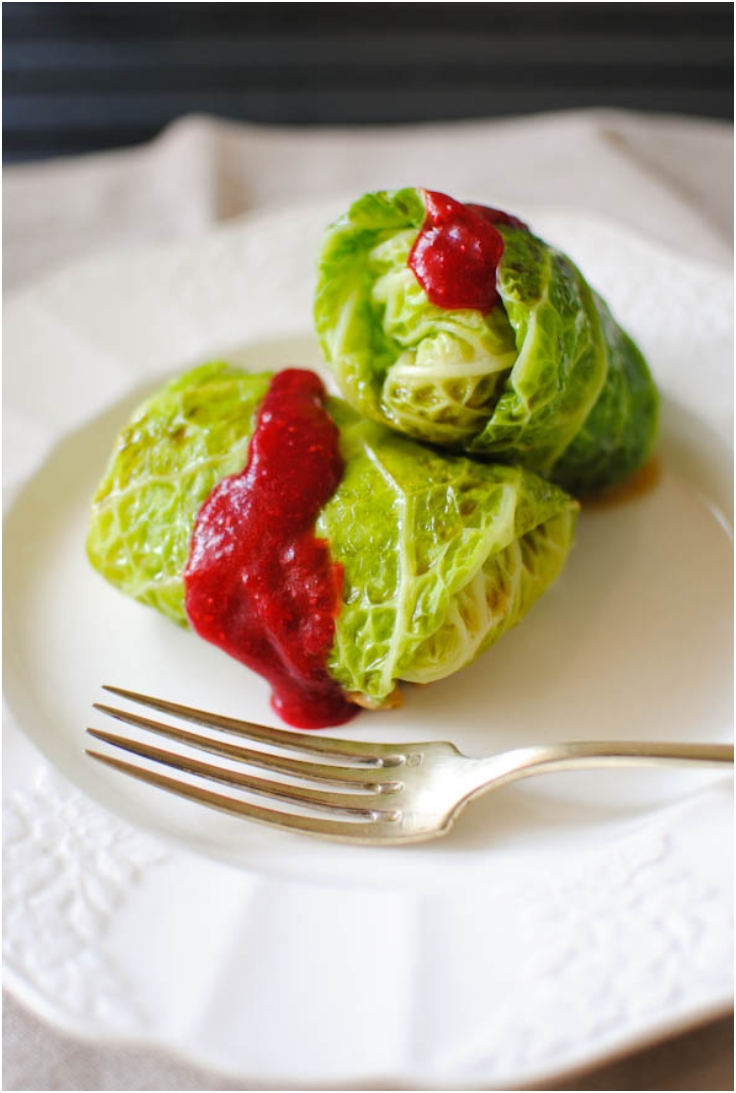 Savoy cabbage rolls with golden chanterelle and brown rice filling