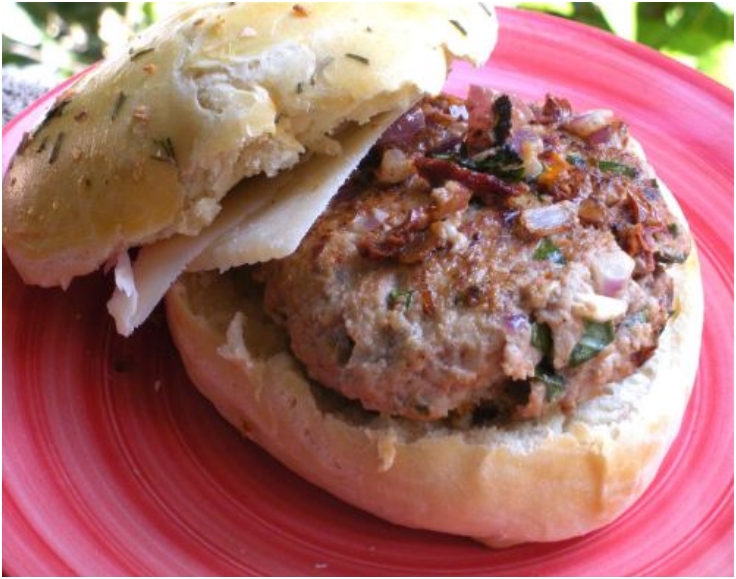 Sun dried Tomato and Basil Veal Burgers on Rosemary Onion