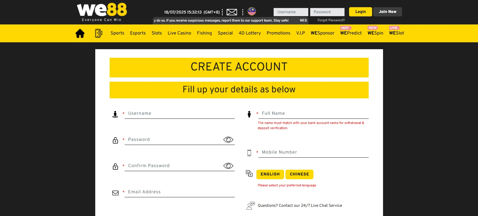 WE88 Malaysia Registration Process 