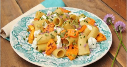 Rigatoni recipe with roasted butternut squash, goat cheese & pumpkin seeds